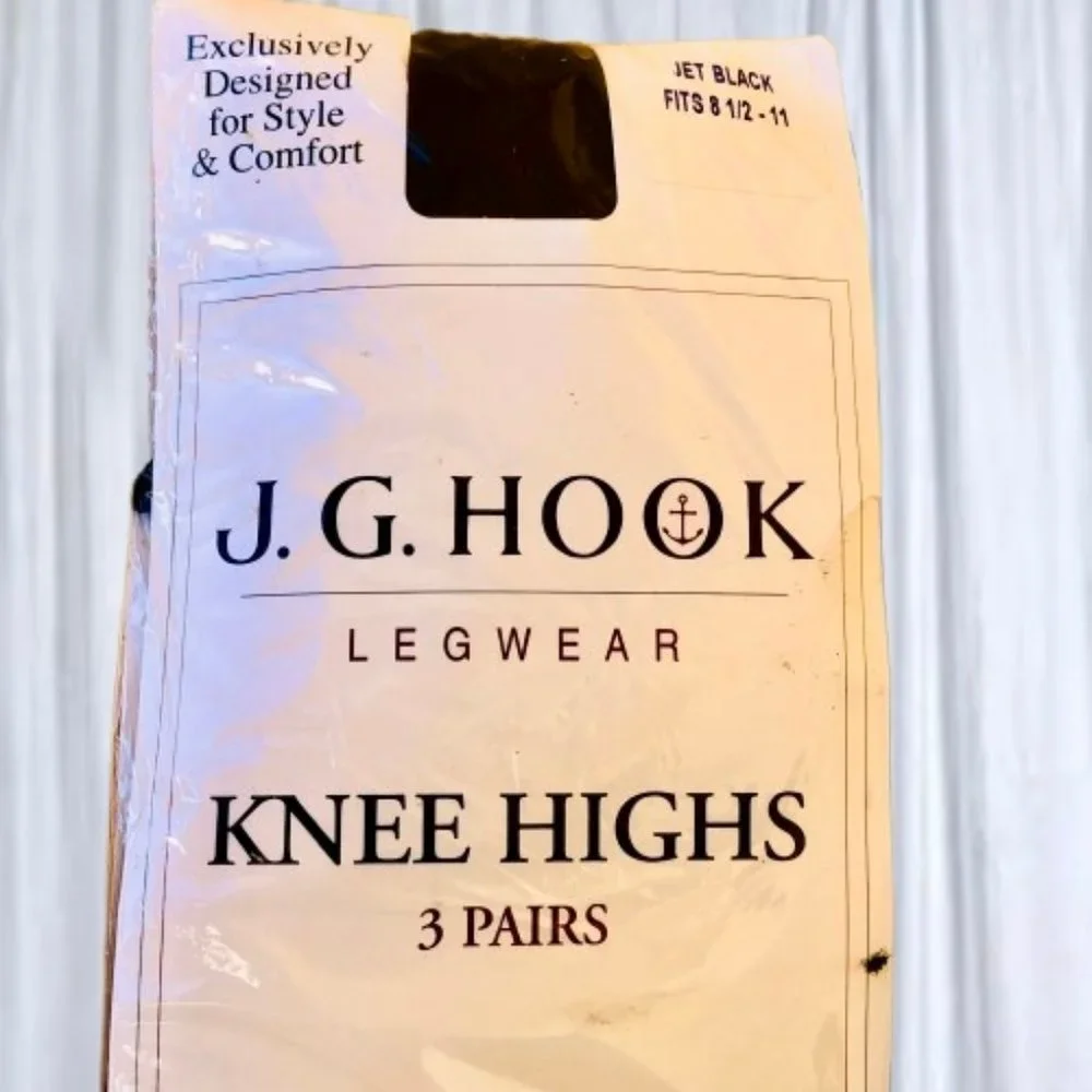Vintage J.G. Hook Nylon KNEE HIGH Stockings Jet Black Lot of 3 Pairs New